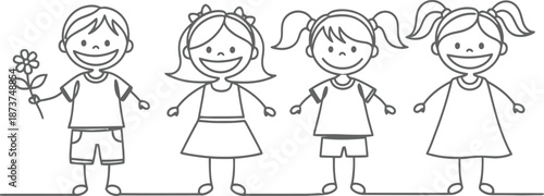 Vector illustration of a smiling man and woman as a happy couple with a little child and baby in a fun cartoon art style representing family love and childhood friendship