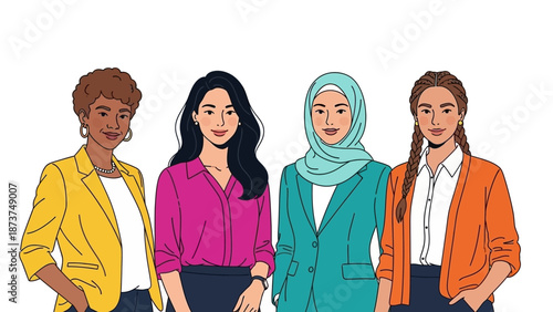 Diverse group of women standing together in a colorful illustration.