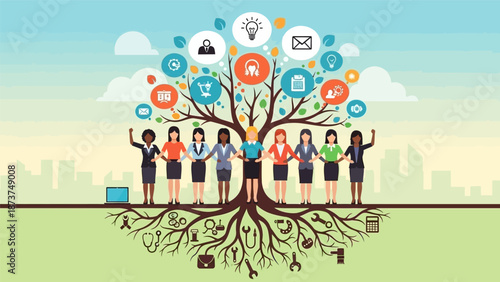 Diverse group of businesswomen standing together under a tree of ideas.