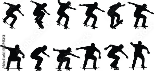Skateboarder silhouette action sequence performing street tricks and jumps showing dynamic skateboarding motion isolated on white background
