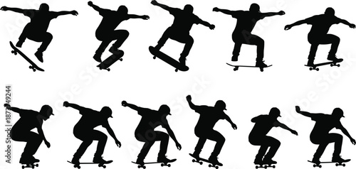 Skateboarder silhouette sequence performing jumps and tricks showing dynamic skateboarding motion action poses isolated on white backgroundSkateboarder silhouette sequence performing 