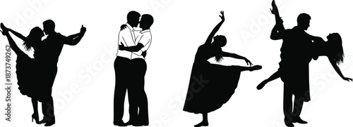 Romantic couple dance silhouettes performing ballroom tango and contemporary poses expressing love passion elegance and movement isolated on white background