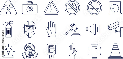 Safety and warning line icons set featuring hazard symbols emergency equipment protection signs and security elements for industrial workplace design