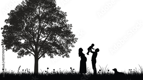 Happy family silhouette under tree with parents lifting child and dog in nature scene symbolizing love bonding and outdoor lifestyleHappy family silhouette under tree with parents 