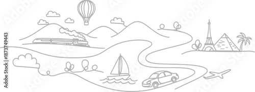 Vintage hand drawn vector illustration of a dragon flying over an ancient castle and a ship on the sea in a sketch art landscape design