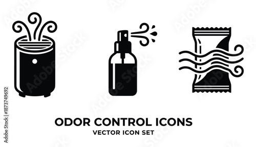 Odor control icons vector set with air freshener, spray, and fragrance sachet in black and white