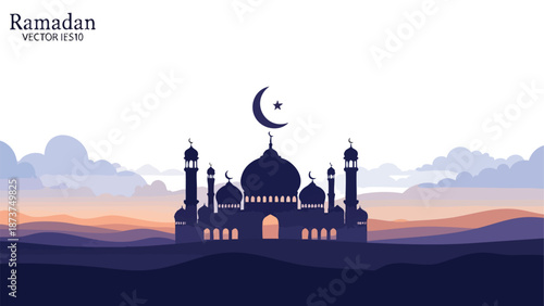 Vector illustration of a mosque silhouette with a crescent moon at sunset, set against a vibrant orange and purple sky with clouds, representing a Ramadan Kareem background.