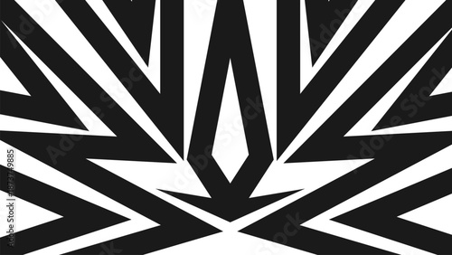 Modern abstract black and white pattern with dynamic sharp shapes and symmetrical composition, perfect for graphic design, fashion prints, and decorative surfaces.