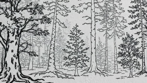 Hand-drawn forest landscape with various trees and exposed roots.