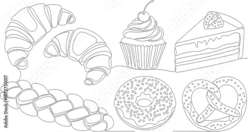 Vintage hand drawn set of Easter eggs and sweet dessert illustrations featuring chocolate cupcakes and birthday muffins in a decorative food pattern sketch