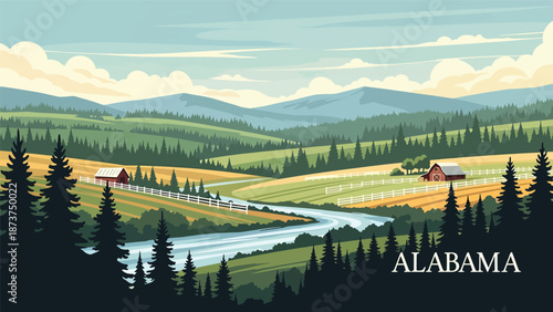 Flat vector illustration of Alabama landscape with rolling green hills, pine forests, winding river, and rural countryside atmosphere, clean outlines and solid colors for travel and nature themes
