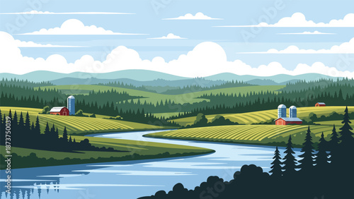 Flat vector illustration of Alabama landscape with rolling green hills, pine forests, winding river, and rural countryside atmosphere, clean outlines and solid colors for travel and nature themes