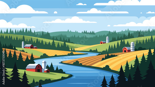 Flat vector illustration of Alabama landscape with rolling green hills, pine forests, winding river, and rural countryside atmosphere, clean outlines and solid colors for travel and nature themes
