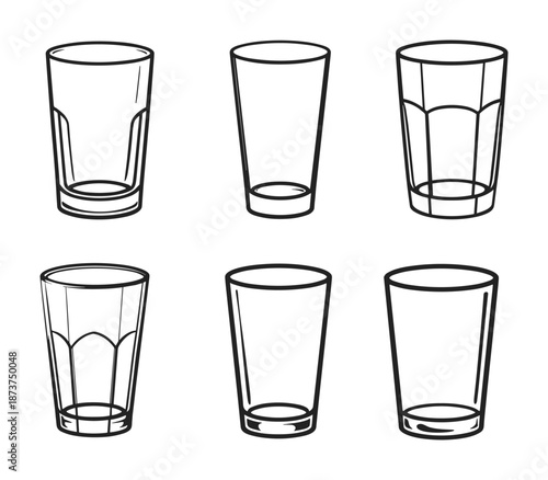 Outline drawing of six glasses with unique shapes and distinctive base designs on a white background