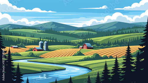 Flat vector illustration of Alabama landscape with rolling green hills, pine forests, winding river, and rural countryside atmosphere, clean outlines and solid colors for travel and nature themes