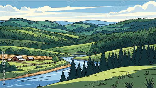 Flat vector illustration of Alabama landscape with rolling green hills, pine forests, winding river, and rural countryside atmosphere, clean outlines and solid colors for travel and nature themes