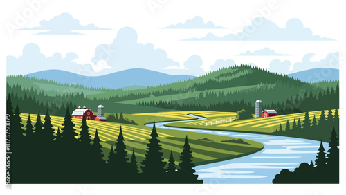 Flat vector illustration of Alabama landscape with rolling green hills, pine forests, winding river, and rural countryside atmosphere, clean outlines and solid colors for travel and nature themes