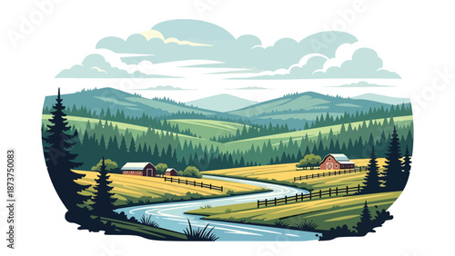 Flat vector illustration of Alabama landscape with rolling green hills, pine forests, winding river, and rural countryside atmosphere, clean outlines and solid colors for travel and nature themes