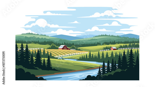 Flat vector illustration of Alabama landscape with rolling green hills, pine forests, winding river, and rural countryside atmosphere, clean outlines and solid colors for travel and nature themes