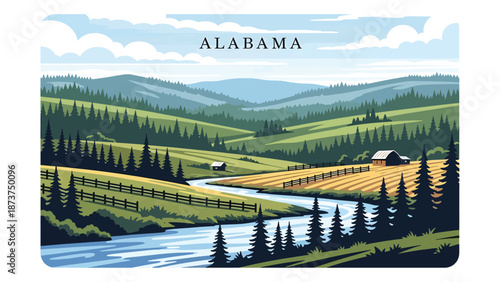 Flat vector illustration of Alabama landscape with rolling green hills, pine forests, winding river, and rural countryside atmosphere, clean outlines and solid colors for travel and nature themes