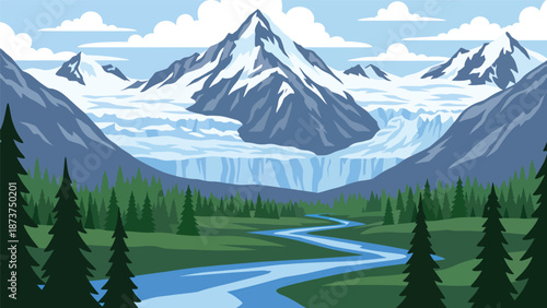 Flat vector illustration of Alaska wilderness featuring snow-capped mountains, glaciers, pine forests, and winding rivers, vast northern scenery with clean outlines and solid colors
