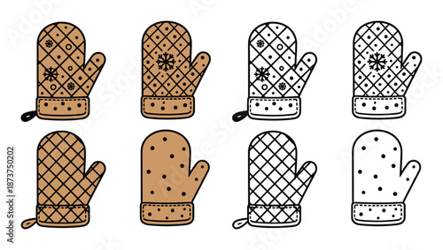 Oven Mittens Vector Set, Kitchen Gloves with Patterns, Brown and Black Outlines
