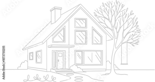 Hand drawn architectural sketch of a residential house building featuring a 3d exterior design with a roof window and door symbol for a real estate construction plan vector illustration