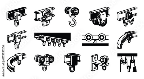 Overhead Conveyor Rail System Trolleys Black and White Vector Set
