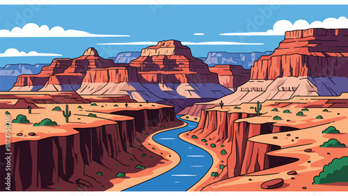 Flat vector illustration of Arizona desert landscape showcasing the Grand Canyon, layered red rocks, winding river, and vast open sky, bold solid colors and clean vector style