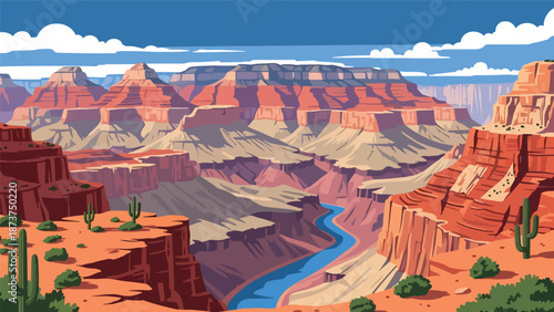 Flat vector illustration of Arizona desert landscape showcasing the Grand Canyon, layered red rocks, winding river, and vast open sky, bold solid colors and clean vector style