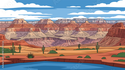 Flat vector illustration of Arizona desert landscape showcasing the Grand Canyon, layered red rocks, winding river, and vast open sky, bold solid colors and clean vector style