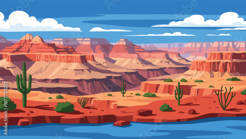 Flat vector illustration of Arizona desert landscape showcasing the Grand Canyon, layered red rocks, winding river, and vast open sky, bold solid colors and clean vector style