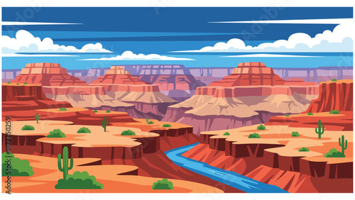 Flat vector illustration of Arizona desert landscape showcasing the Grand Canyon, layered red rocks, winding river, and vast open sky, bold solid colors and clean vector style