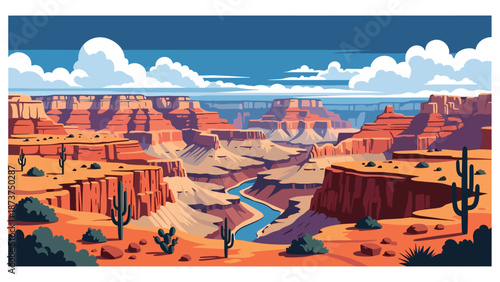Flat vector illustration of Arizona desert landscape showcasing the Grand Canyon, layered red rocks, winding river, and vast open sky, bold solid colors and clean vector style