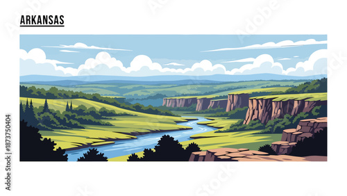Flat vector illustration of Arkansas natural scenery with green hills, forests, rivers, and rocky cliffs, peaceful countryside landscape rendered in clean outlines and solid colors