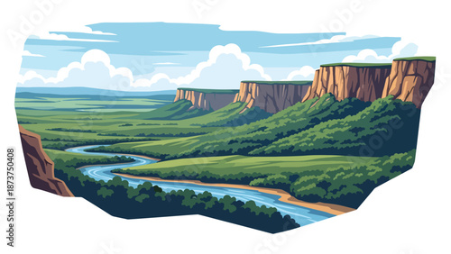 Flat vector illustration of Arkansas natural scenery with green hills, forests, rivers, and rocky cliffs, peaceful countryside landscape rendered in clean outlines and solid colors