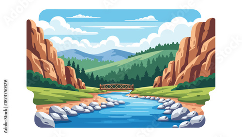 Flat vector illustration of Arkansas natural scenery with green hills, forests, rivers, and rocky cliffs, peaceful countryside landscape rendered in clean outlines and solid colors