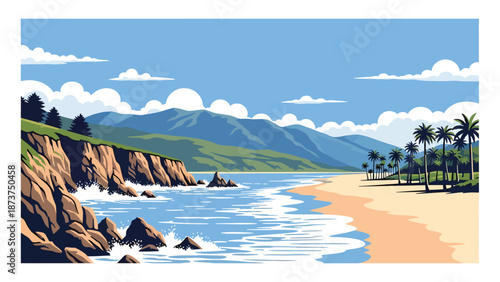 Flat vector illustration of California landscape combining ocean cliffs, sandy beaches, palm trees, and distant mountains, iconic West Coast scenery in solid colors and clean lines