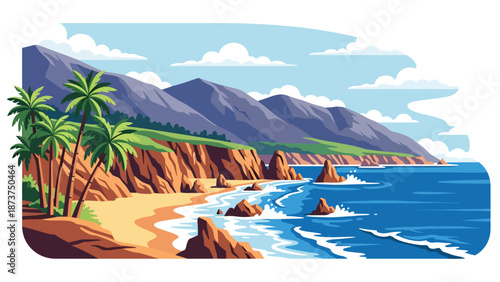 Flat vector illustration of California landscape combining ocean cliffs, sandy beaches, palm trees, and distant mountains, iconic West Coast scenery in solid colors and clean lines