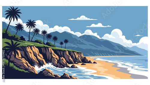 Flat vector illustration of California landscape combining ocean cliffs, sandy beaches, palm trees, and distant mountains, iconic West Coast scenery in solid colors and clean lines