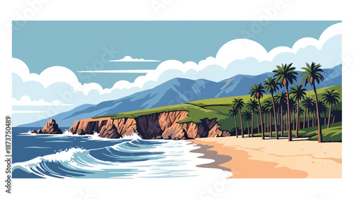 Flat vector illustration of California landscape combining ocean cliffs, sandy beaches, palm trees, and distant mountains, iconic West Coast scenery in solid colors and clean lines