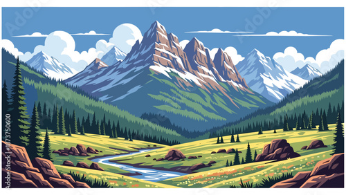 Flat vector illustration of Colorado scenery featuring towering Rocky Mountains, pine forests, alpine valleys, and clear skies, outdoor adventure landscape in solid flat colors