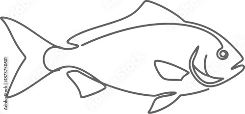 A black silhouette drawing of a cartoon sea fish animal in a vector outline sketch style designed as a logo symbol for an art coloring book