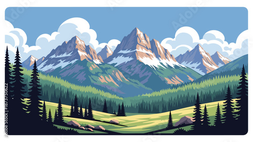 Flat vector illustration of Colorado scenery featuring towering Rocky Mountains, pine forests, alpine valleys, and clear skies, outdoor adventure landscape in solid flat colors