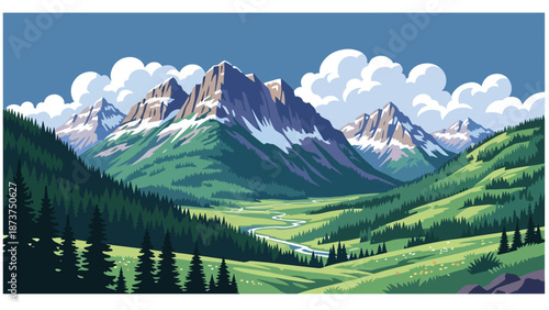 Flat vector illustration of Colorado scenery featuring towering Rocky Mountains, pine forests, alpine valleys, and clear skies, outdoor adventure landscape in solid flat colors