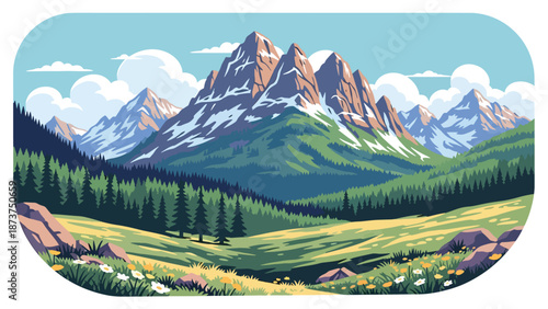 Flat vector illustration of Colorado scenery featuring towering Rocky Mountains, pine forests, alpine valleys, and clear skies, outdoor adventure landscape in solid flat colors