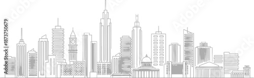 A black vector illustration drawing of a city hall building and urban skyscraper skyline featuring 3d architectural construction designs of downtown business towers and a city silhouette