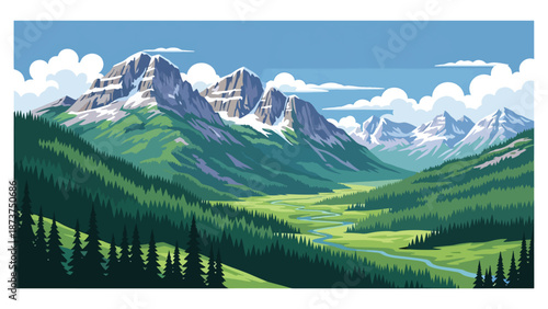 Flat vector illustration of Colorado scenery featuring towering Rocky Mountains, pine forests, alpine valleys, and clear skies, outdoor adventure landscape in solid flat colors