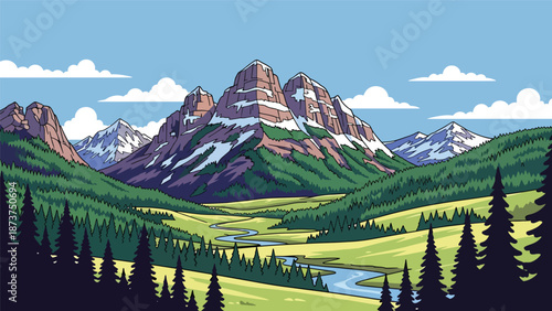 Flat vector illustration of Colorado scenery featuring towering Rocky Mountains, pine forests, alpine valleys, and clear skies, outdoor adventure landscape in solid flat colors