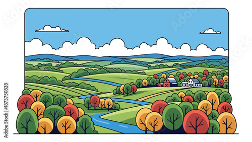 Flat vector illustration of Connecticut countryside with rolling hills, trees, small rivers, and calm rural scenery, clean outlines and solid colors for travel and lifestyle themes